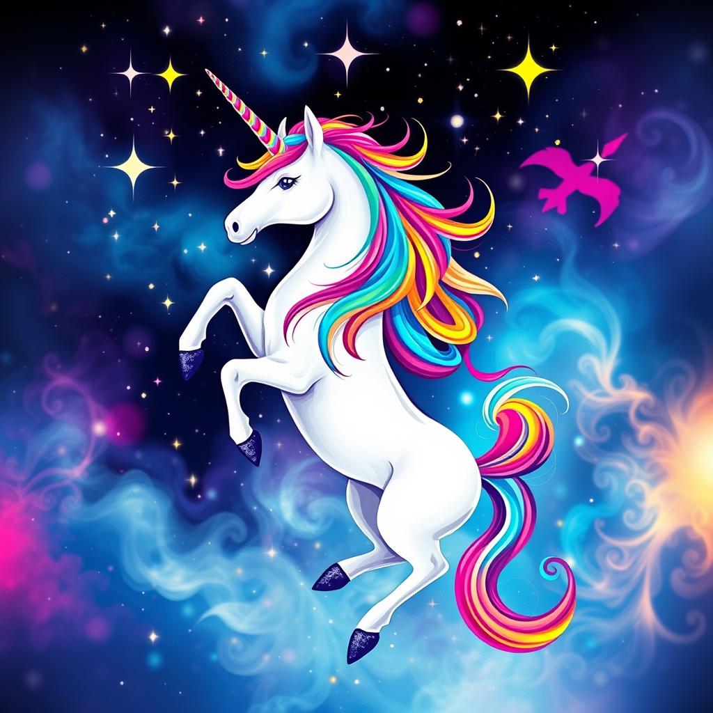 A unique and eye-catching t-shirt design featuring a vibrant, abstract unicorn with a colorful mane, set against a mystical background of stars and swirls