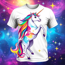 A unique and eye-catching t-shirt design featuring a vibrant, abstract unicorn with a colorful mane, set against a mystical background of stars and swirls