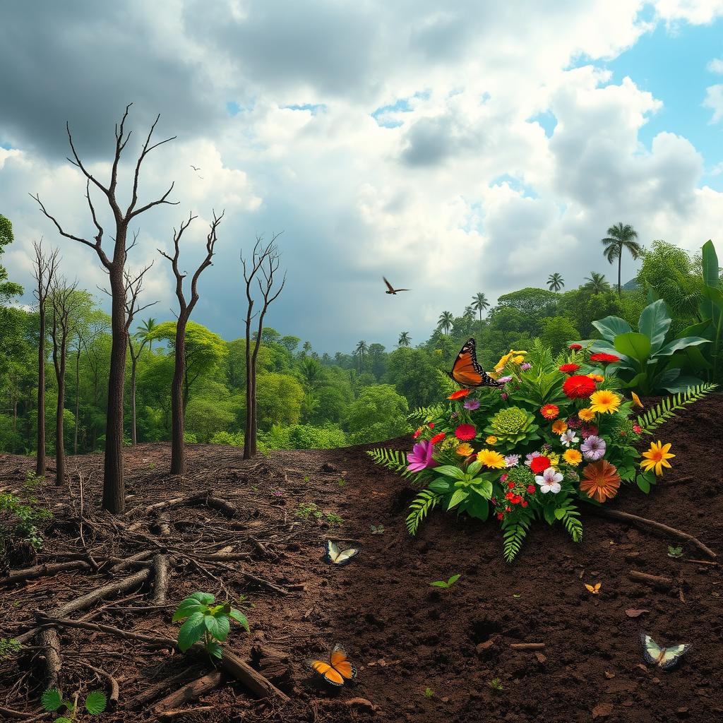 A vivid and impactful scene illustrating biodiversity loss, featuring a once lush and vibrant forest now showing signs of destruction