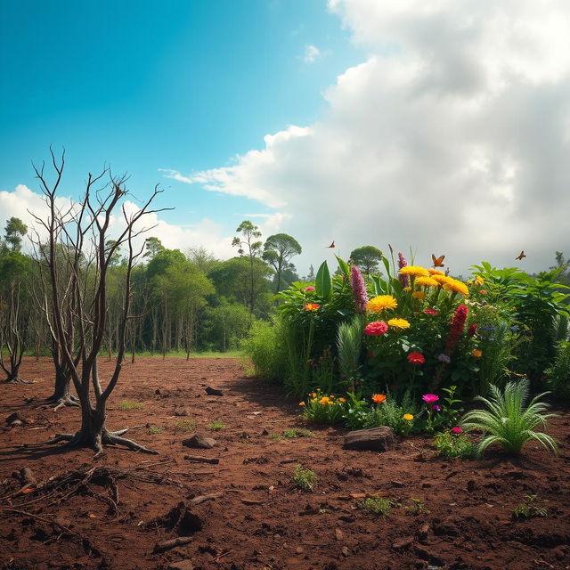 A vivid and impactful scene illustrating biodiversity loss, featuring a once lush and vibrant forest now showing signs of destruction