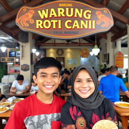 A bustling Warung Roti Canai, featuring an outdoor setting with a traditional Malaysian theme