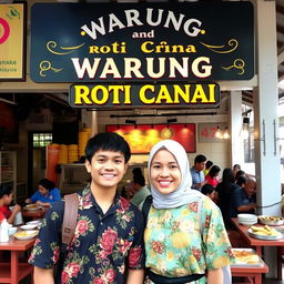 A bustling Warung Roti Canai, featuring an outdoor setting with a traditional Malaysian theme
