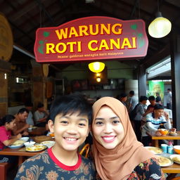 A bustling Warung Roti Canai, featuring an outdoor setting with a traditional Malaysian theme