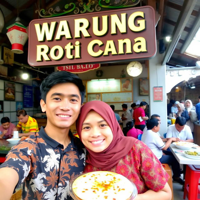 A bustling Warung Roti Canai, featuring an outdoor setting with a traditional Malaysian theme