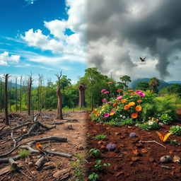 A vivid and impactful scene illustrating biodiversity loss, featuring a once lush and vibrant forest now showing signs of destruction