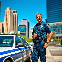 A highly detailed and realistic scene of a police officer standing confidently in an urban environment