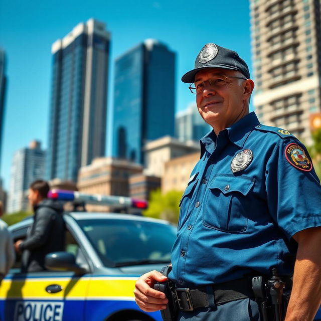 A highly detailed and realistic scene of a police officer standing confidently in an urban environment