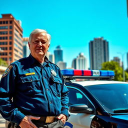 A highly detailed and realistic scene of a police officer standing confidently in an urban environment
