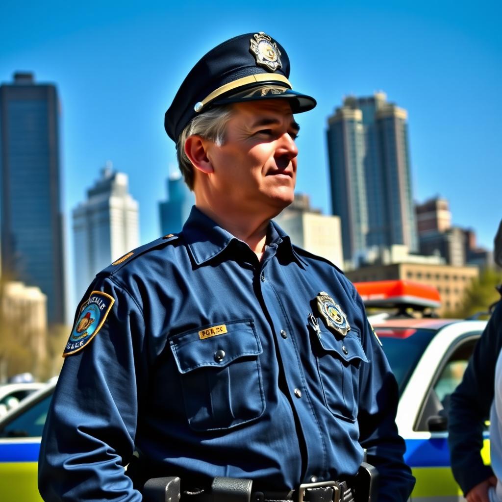 A highly detailed and realistic scene of a police officer standing confidently in an urban environment