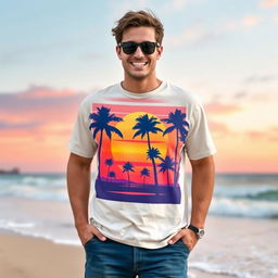 A trendy and stylish graphic t-shirt design featuring a vibrant sunset over a beach, with palm trees silhouetted against the colorful sky