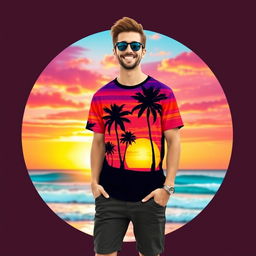 A trendy and stylish graphic t-shirt design featuring a vibrant sunset over a beach, with palm trees silhouetted against the colorful sky