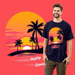 A trendy and stylish graphic t-shirt design featuring a vibrant sunset over a beach, with palm trees silhouetted against the colorful sky