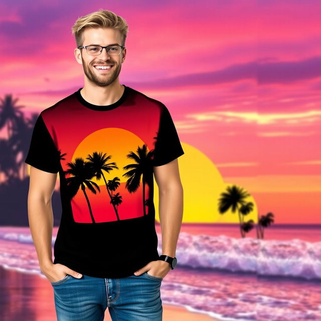 A trendy and stylish graphic t-shirt design featuring a vibrant sunset over a beach, with palm trees silhouetted against the colorful sky