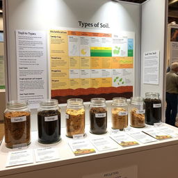 A visually engaging science exhibition display showcasing different types of soil