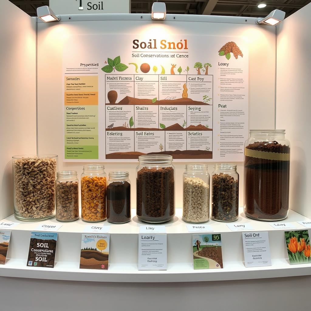 A visually engaging science exhibition display showcasing different types of soil