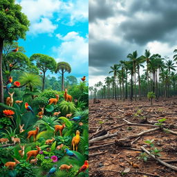 A powerful and thought-provoking image depicting biodiversity loss, featuring a split scene: on one side, a thriving and diverse ecosystem with vibrant flora and fauna, teeming with life including animals like deer, rabbits, and colorful birds in a lush green forest; on the other side, the same ecosystem ravaged by deforestation, with fallen trees, barren ground, and a few struggling plants