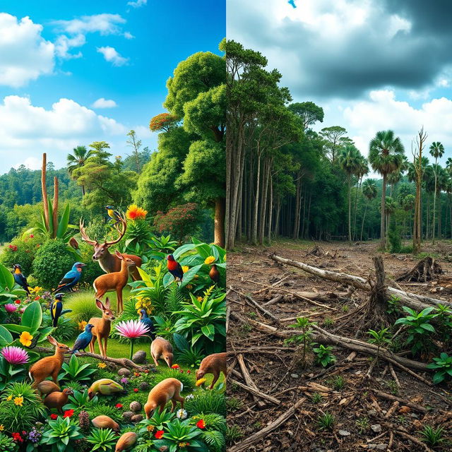 A powerful and thought-provoking image depicting biodiversity loss, featuring a split scene: on one side, a thriving and diverse ecosystem with vibrant flora and fauna, teeming with life including animals like deer, rabbits, and colorful birds in a lush green forest; on the other side, the same ecosystem ravaged by deforestation, with fallen trees, barren ground, and a few struggling plants