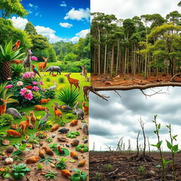 A powerful and thought-provoking image depicting biodiversity loss, featuring a split scene: on one side, a thriving and diverse ecosystem with vibrant flora and fauna, teeming with life including animals like deer, rabbits, and colorful birds in a lush green forest; on the other side, the same ecosystem ravaged by deforestation, with fallen trees, barren ground, and a few struggling plants