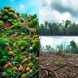 A powerful and thought-provoking image depicting biodiversity loss, featuring a split scene: on one side, a thriving and diverse ecosystem with vibrant flora and fauna, teeming with life including animals like deer, rabbits, and colorful birds in a lush green forest; on the other side, the same ecosystem ravaged by deforestation, with fallen trees, barren ground, and a few struggling plants