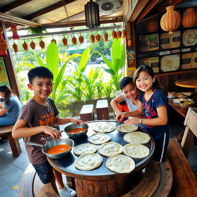 A cozy and inviting Warung serving freshly made roti canai with a variety of delicious curries