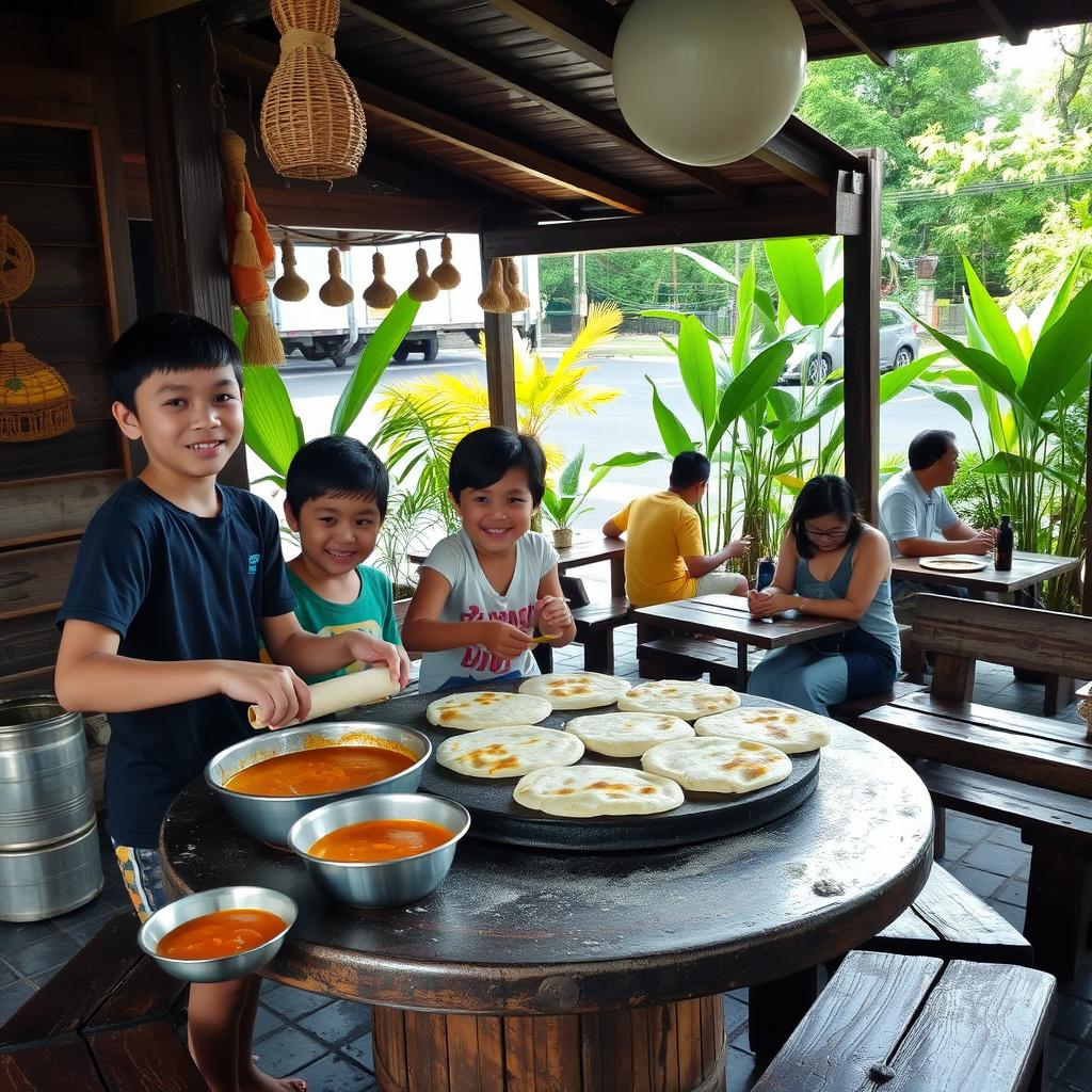 A cozy and inviting Warung serving freshly made roti canai with a variety of delicious curries