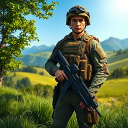A highly detailed and realistic depiction of a soldier standing in an outdoor setting, surrounded by a lush green landscape