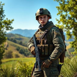 A highly detailed and realistic depiction of a soldier standing in an outdoor setting, surrounded by a lush green landscape