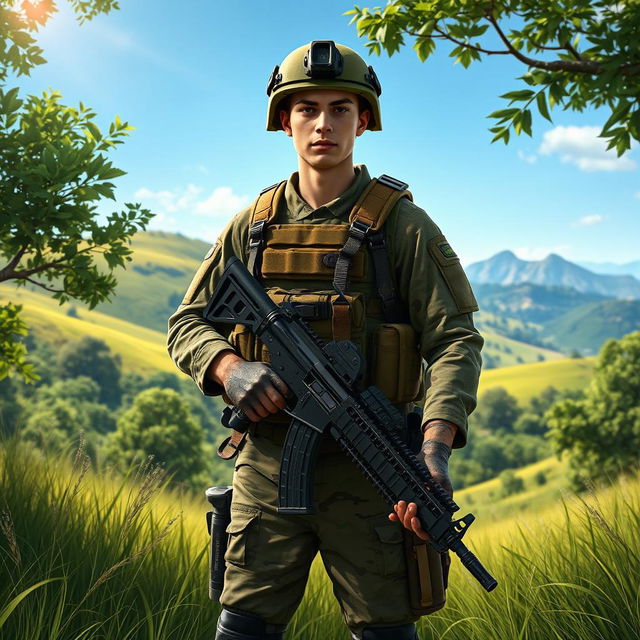 A highly detailed and realistic depiction of a soldier standing in an outdoor setting, surrounded by a lush green landscape