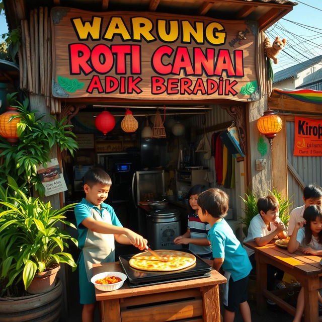 A vibrant scene featuring a Warung Roti Canai with a prominent signboard that reads "Warung Roti Canai Adik Beradik" in bold, colorful letters