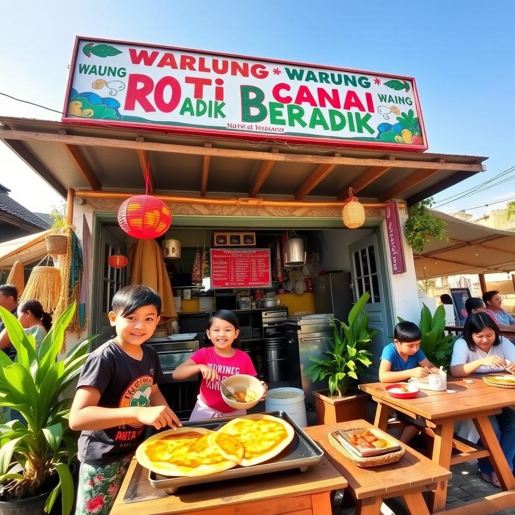 A vibrant scene featuring a Warung Roti Canai with a prominent signboard that reads "Warung Roti Canai Adik Beradik" in bold, colorful letters