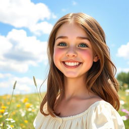 A cheerful teenage girl with brown hair and pale skin, smiling warmly