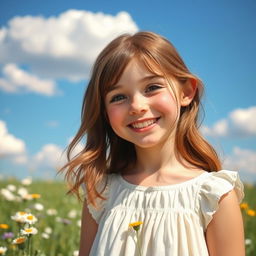 A cheerful teenage girl with brown hair and pale skin, smiling warmly