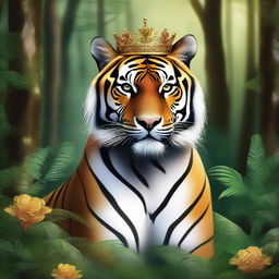 A majestic, high-quality digital art of a tiger wearing a golden crown, standing proudly in a lush, dense forest