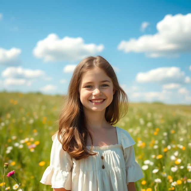 A cheerful teenage girl with brown hair and pale skin, smiling warmly