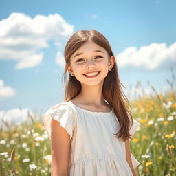 A cheerful teenage girl with brown hair and pale skin, smiling warmly