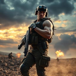 A highly detailed, realistic image of a soldier in full combat gear, standing tall in a dynamic pose