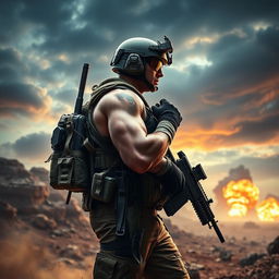 A highly detailed, realistic image of a soldier in full combat gear, standing tall in a dynamic pose