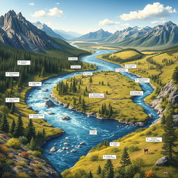 A detailed and vibrant depiction of a river system for a science exhibition, featuring a meandering river flowing through various landscapes, including lush forests, rocky mountains, and open meadows