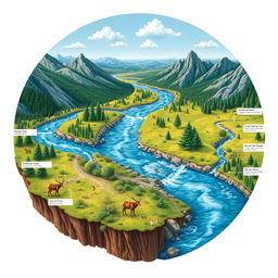 A detailed and vibrant depiction of a river system for a science exhibition, featuring a meandering river flowing through various landscapes, including lush forests, rocky mountains, and open meadows