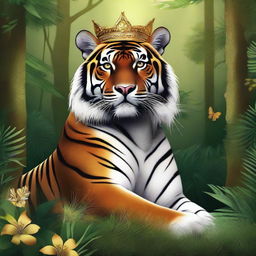 A majestic, high-quality digital art of a tiger wearing a golden crown, standing proudly in a lush, dense forest