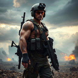 A highly detailed, realistic image of a soldier in full combat gear, standing tall in a dynamic pose