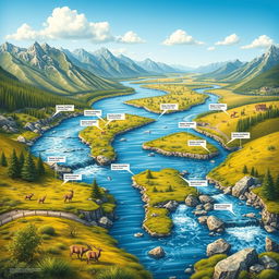 A detailed and vibrant depiction of a river system for a science exhibition, featuring a meandering river flowing through various landscapes, including lush forests, rocky mountains, and open meadows
