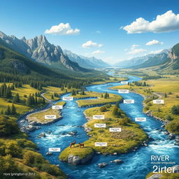 A detailed and vibrant depiction of a river system for a science exhibition, featuring a meandering river flowing through various landscapes, including lush forests, rocky mountains, and open meadows