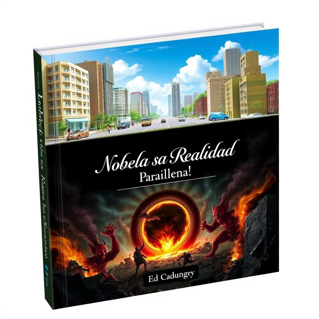 A captivating book cover featuring a mirrored parallel city: the top half is bright and peaceful, showcasing modern buildings, cars, and people enjoying a sunny day with clear blue skies and vibrant greenery