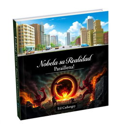 A captivating book cover featuring a mirrored parallel city: the top half is bright and peaceful, showcasing modern buildings, cars, and people enjoying a sunny day with clear blue skies and vibrant greenery