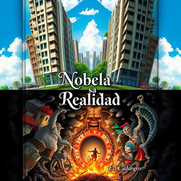 A captivating book cover featuring a mirrored parallel city: the top half is bright and peaceful, showcasing modern buildings, cars, and people enjoying a sunny day with clear blue skies and vibrant greenery