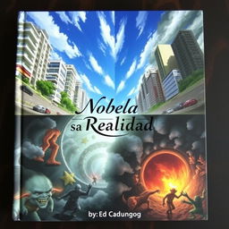 A captivating book cover featuring a mirrored parallel city: the top half is bright and peaceful, showcasing modern buildings, cars, and people enjoying a sunny day with clear blue skies and vibrant greenery