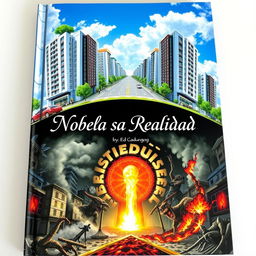 A captivating book cover featuring a mirrored parallel city: the top half is bright and peaceful, showcasing modern buildings, cars, and people enjoying a sunny day with clear blue skies and vibrant greenery