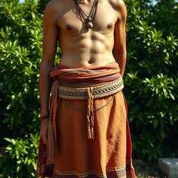A historical figure dressed in traditional loin clothing, featuring intricate girdles that accentuate their waist