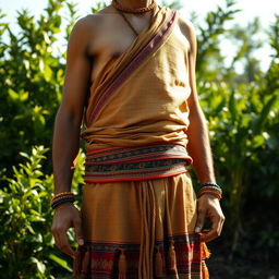 A historical figure dressed in traditional loin clothing, featuring intricate girdles that accentuate their waist